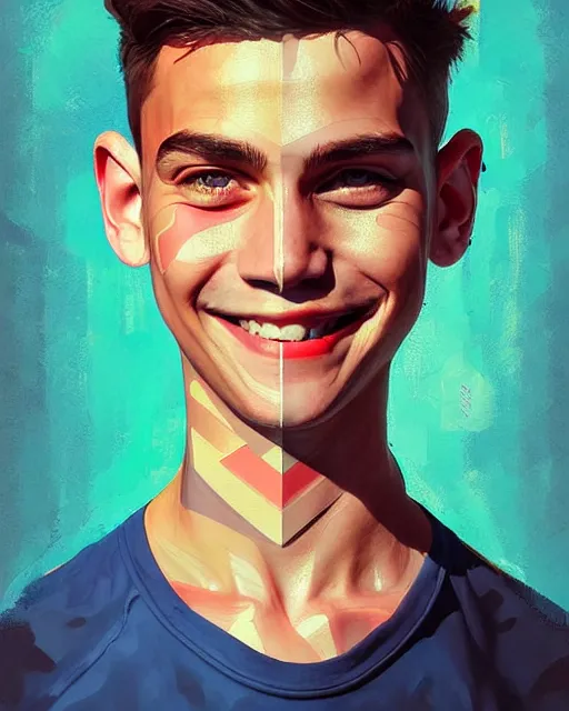 Image similar to painting, smiling boy, shards of time, face portrait, centered portrait, medium closd - up, illustration, highly detailed, simple, no jagged lines, smooth, artstation, artwork by obey, artwork by sandra chevrier