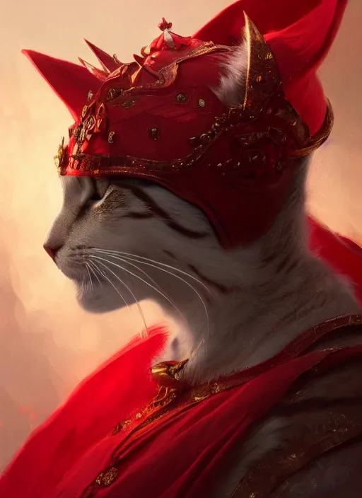 Prompt: side profile of a cat king wearing a crown and red cape, fantasy, digital painting, volumetric light, intricate, sharp, focus, bloom, illustration, highly detailed, concept art, matte, ruan jia, randy vargas, greg rutkowski