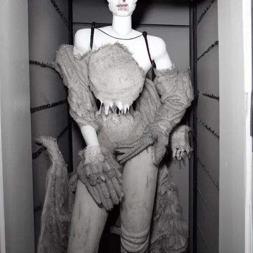 Prompt: grainy photo of a mannequin as a creepy monster in a closet, harsh flash