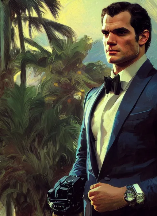 Image similar to portrait of henry cavill as james bond, casino, key art, sprinting, palm trees, highly detailed, digital painting, artstation, concept art, cinematic lighting, sharp focus, illustration, by gaston bussiere alphonse mucha