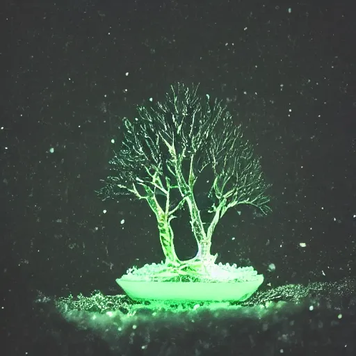 Prompt: dark eerie photo, miniature forest bonsai, glowing branches and crystals leaves, nacreous lights, wispy glowing ink horrors. iridescent, prismatic, fluorescent