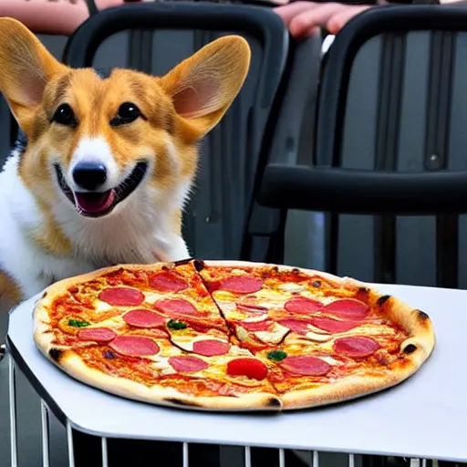 Prompt: a happy corgi eating pizza, sitting in the grand stand while watching a formula 1 race