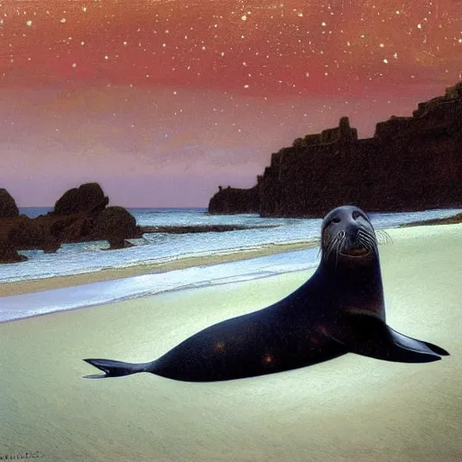 Image similar to a realistic oil painting of a selkie seal on the beach, at night with a sky full of stars, highly detailed, trending on artstation, by james gurney and michael whelan and krenz cushart and alphonse mucha