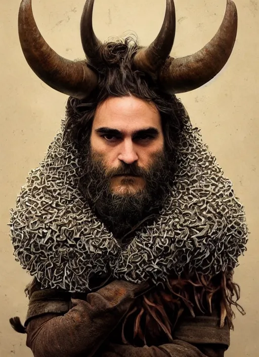 Image similar to joaquin phoenix with a armor made of animals, cow horns, pig nose, sheep wool, chicken feather armor, majestic, fierce, by anna podedworna, by miklos ligeti, by diego maricato, by taran fiddler, by antonino truisi, by chris reddie, by jinsung lim, trending on artstation