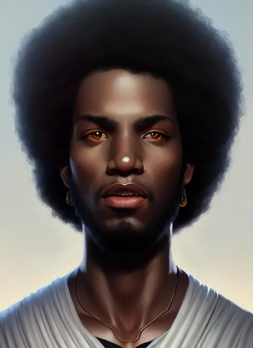 Prompt: photographic portrait of an handsome young black man with an afro, atmospheric lighting, elegant, highly detailed, digital painting, artstation, concept art, sharp focus, star wars, illustration, art by artgerm and greg rutkowski