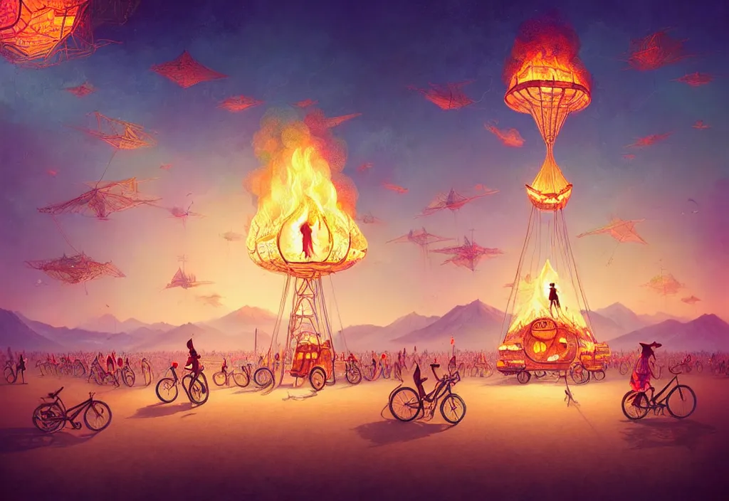 Prompt: A beautiful illustration of burning man festival, trending on artstation, WLOP, cgsociety by Gediminas Pranckevicius, trending on cgsociety, bokeh, fractal Thunder glow by dan mumford