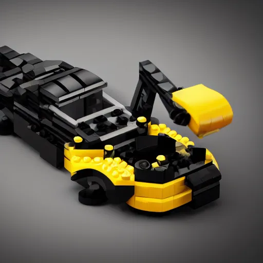 Image similar to black, yellow and red futuristic sports car built entirely using lego, 3 d render, unreal engine trending on artstation, top selection on unsplash.