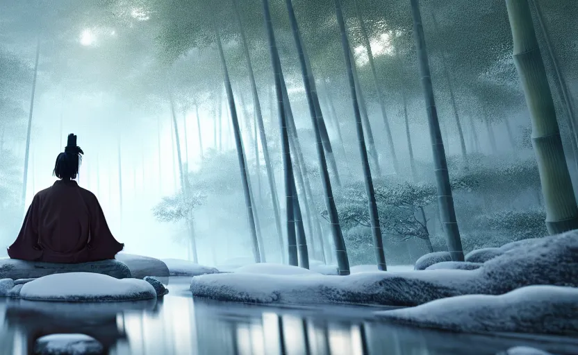 Image similar to a samurai meditating in a snowy bamboo forest, small flowing stream, cinematic action angle, 8k Octane render, ArtStation illustration