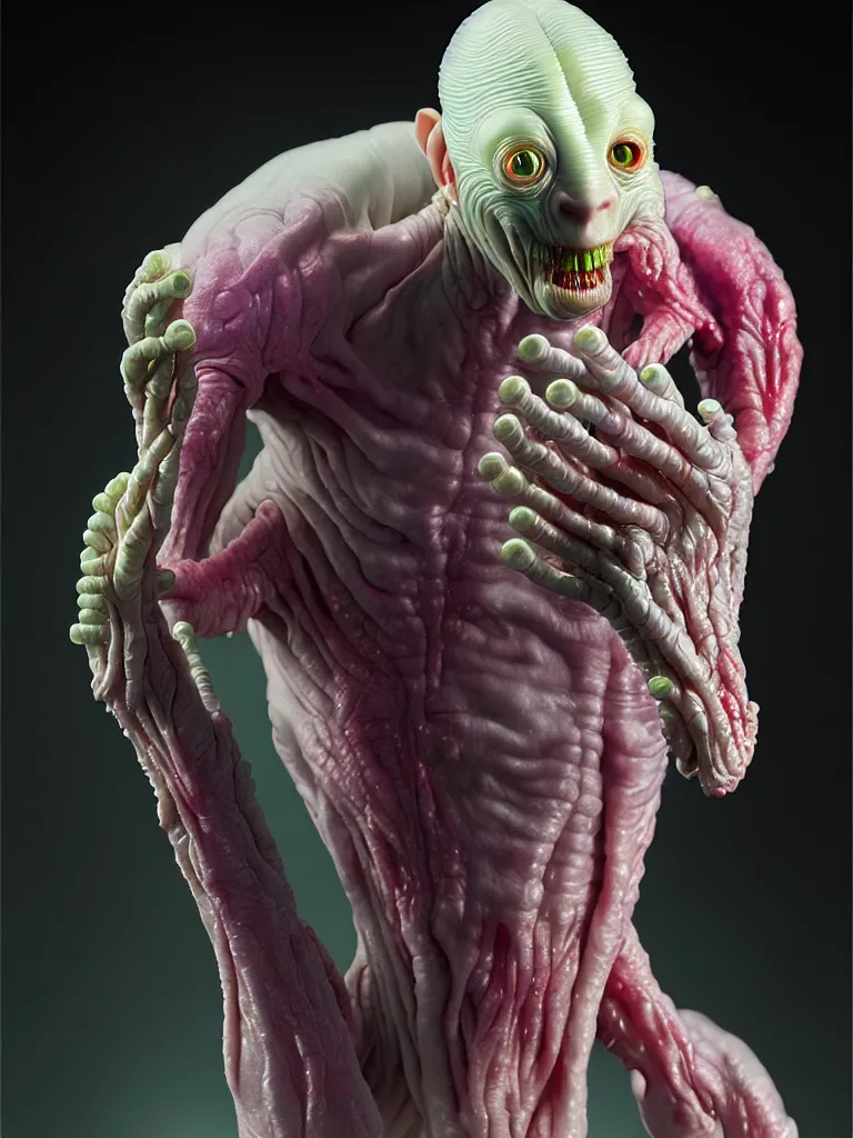 Image similar to hyperrealistic rendering, fat smooth cronenberg flesh monster albino grey alien by donato giancola and greg rutkowski and wayne barlow and zdzisław beksinski, product photography, action figure, sofubi, studio lighting, colored gels