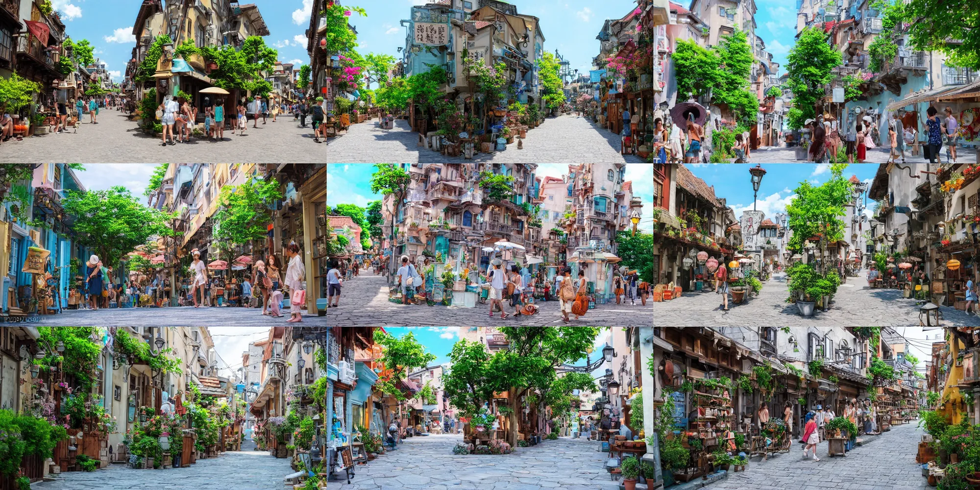 Prompt: a beautiful summer day in the streets of an old city, style of studio ghibli, optimistic happy