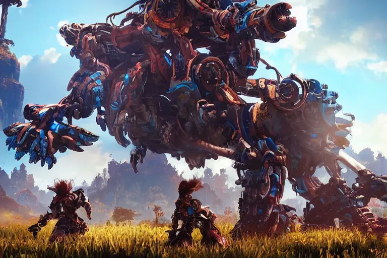 Image similar to thunderjaw machine mecha animal beast robot of horizon forbidden west horizon zero dawn bioluminiscence global illumination ray tracing hdr fanart arstation by sung choi and eric pfeiffer and gabriel garza and casper konefal