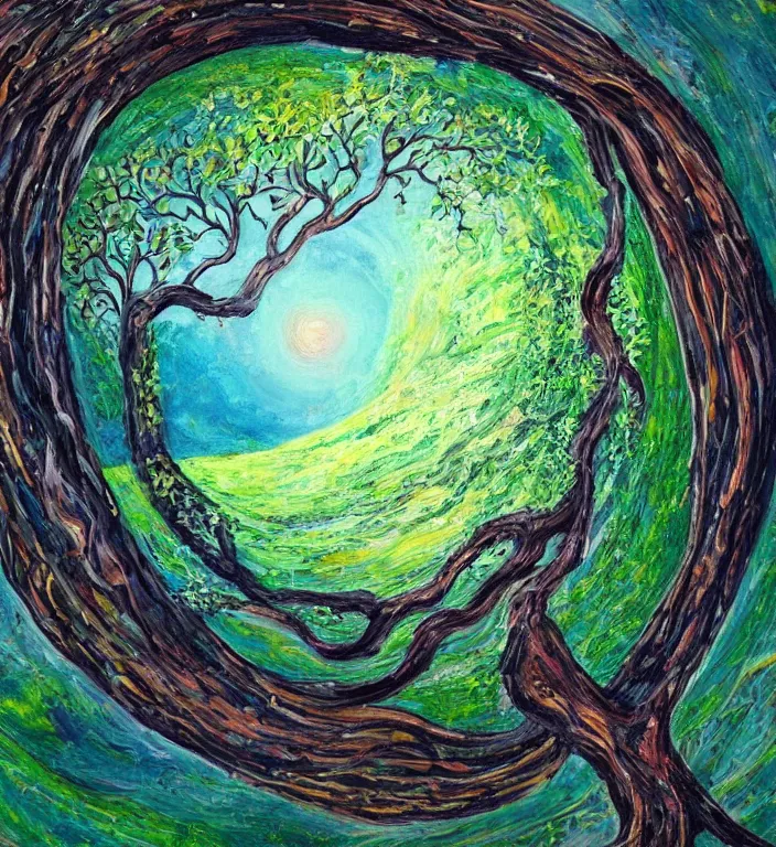 Prompt: a beautiful painting of a portal to infinite creativity, magical tree of life centered on a hill, abstract landscape, 8 k, photorealism, hyper detailed