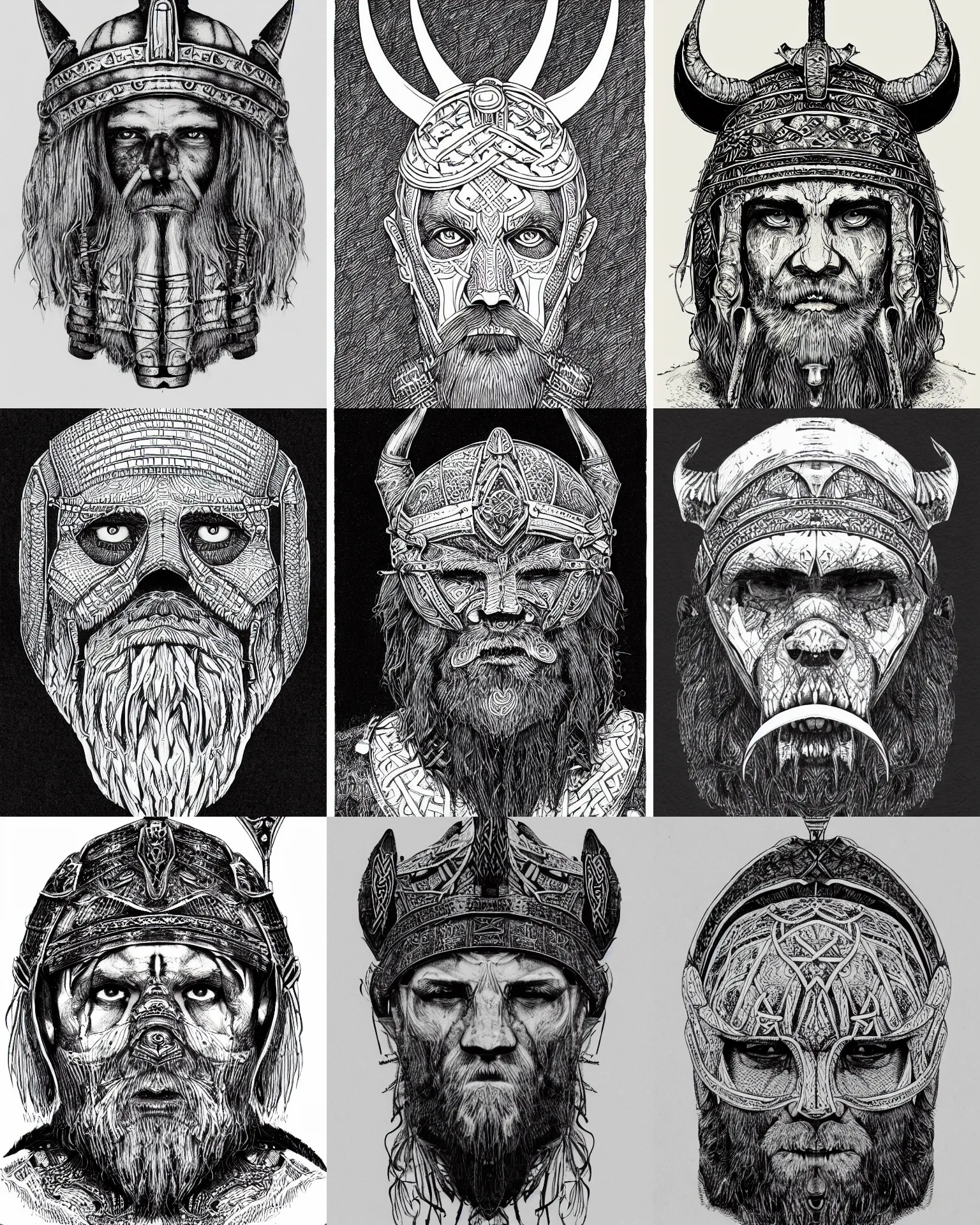 Prompt: detailed october ink drawing of a head of a beared viking wearing a bone helmet, white wall background, medium shot, front face symmetrical, trending on artstation by ed fairburn