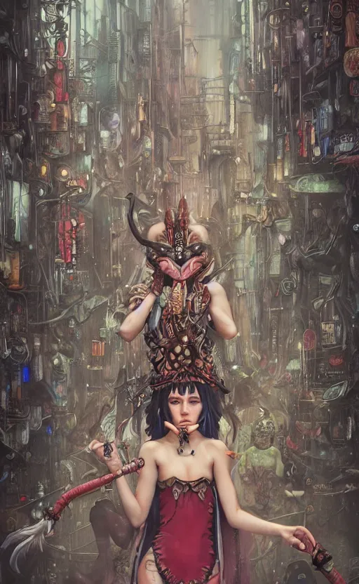 Image similar to hyper realistic Princess Mononoke, ornate mask magic, wet market street, cyberpunk metropolis, city landscape, jewels, full body pose, full moon, crowded streets, style of tom bagshaw, mucha, james gurney, norman rockwell, denoised, sharp