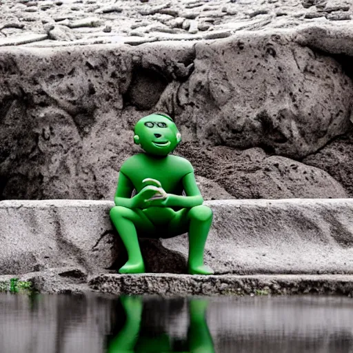 Image similar to cinematic shot of a cute green clay man smoking a cigarette and sitting by a riverbank, 8k, highly intricate, highly detailed,