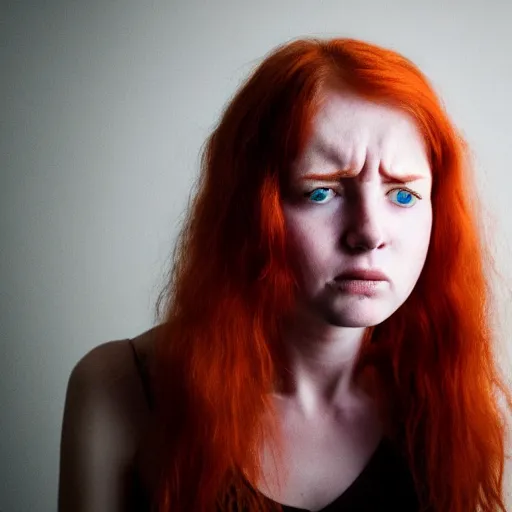 Prompt: young red headed woman in a hunger induced fit of rage