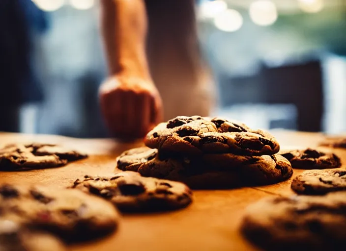 Image similar to a 3 5 mm photo from the back of a man making cookies, splash art, movie still, bokeh, canon 5 0 mm, cinematic lighting, dramatic, film, photography, golden hour, depth of field, award - winning, anamorphic lens flare, 8 k, hyper detailed, 3 5 mm film grain