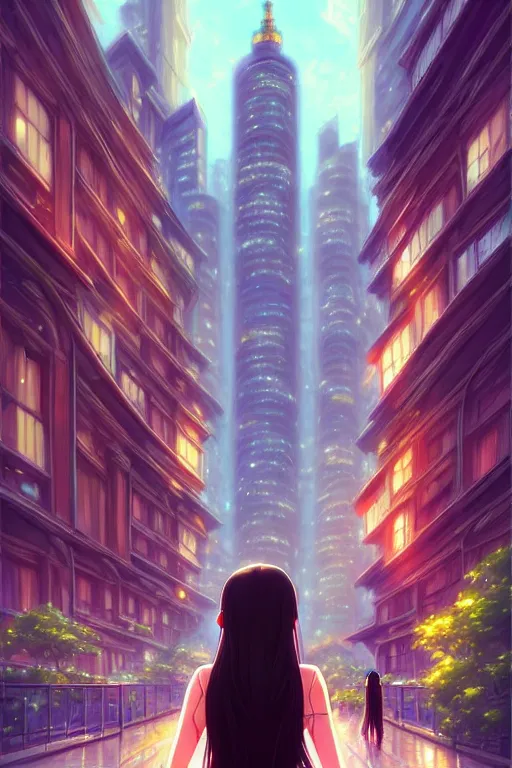 Prompt: a beautiful girl with long dark hair, city background, intricate, highly detailed, digital painting, artstation, official media, anime key visual, concept art, rich vivid colors, ambient lighting, sharp focus, illustration, art by Artgerm, Makoto Shinkai, Ilya Kuvshinov, Lois Van Baarle, and Rossdraws