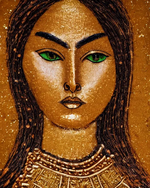 Image similar to sand painting portrait of woman in shining golden armor, high production value, intricate details, high resolution, hdr, high definition, masterpiece, realistic, ultrarealistic, highly detailed, hd, sharp focus, non blurry, sharp, smooth