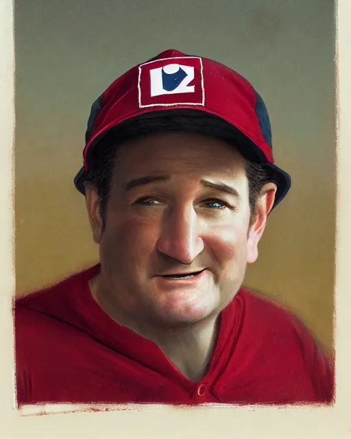 Image similar to closeup portrait of whimsical conniving ted cruz wearing a red baseball cap speaking at a convention, court jester in renaissance era, masterpiece, by donato giancola and greg rutkowski and wayne barlow and zdzisław beksinski, high contrast, realistic face