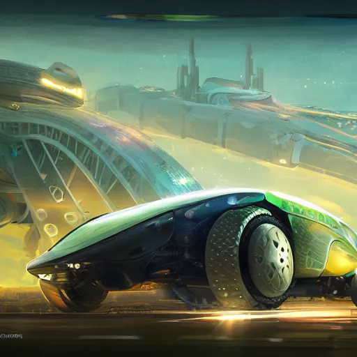 Image similar to solarpunk hovercar, clean energy, green technology, highway, sunny day, futurism, intricate, engines, glow, highly detailed, drone wings, peaceful, utopia, bright, digital painting, artstation, concept art, smooth, sharp focus, epic landscape, art by akihiko yoshida and tim mcburnie and anato finnstark