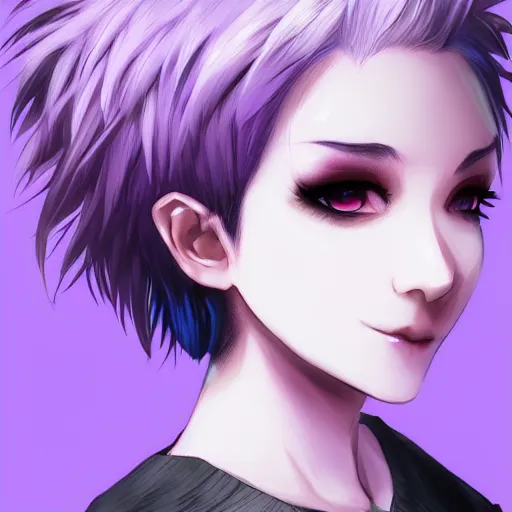 Image similar to full headshot portrait of anime woman with purple pixie cut mohawk punk, digital art, drawn by WLOP, by Avetetsuya Studios, anime manga panel, trending on artstation, wearing a plaid shirt