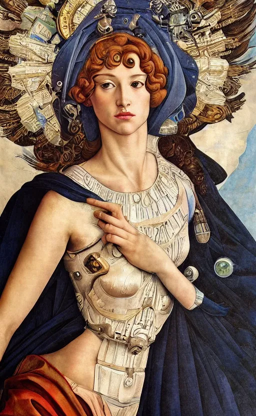 Prompt: beautifully painted mural of a stunning young cyborg muse in ornate royal gown, piercing glowing eyes, sci fi scenery, vogue cover poses, mural in the style of sandro botticelli, caravaggio, albrecth durer