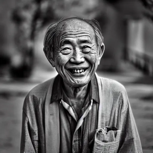 Image similar to a character portrait photo of a smiling old japanese man, hopeful, photojournalism, war photography, adobe, canon, nikon, flickr contest winner, neo-expressionism, art photography, busy background, hyperrealism, chiaroscuro, anamorphic lens flare, elegant, shallow depth of field, haze, volumetric lighting, photo taken with provia, 24mm, f1.8, by Filip Hodas, by Andrew Domachowski