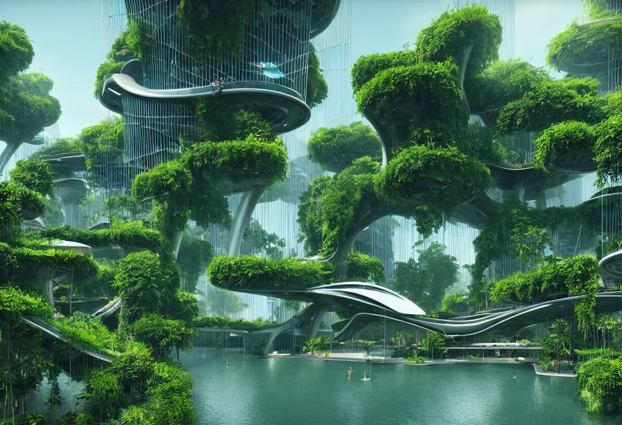 Prompt: futuristic architecture by norman foster, multi storey, connecting bridges, covered in lush foliage, surreal, ethereal bohemian garden, middle of gardens, cinematic shot, central square water feature, building inside the water, unreal engine, photorealistic, octane render