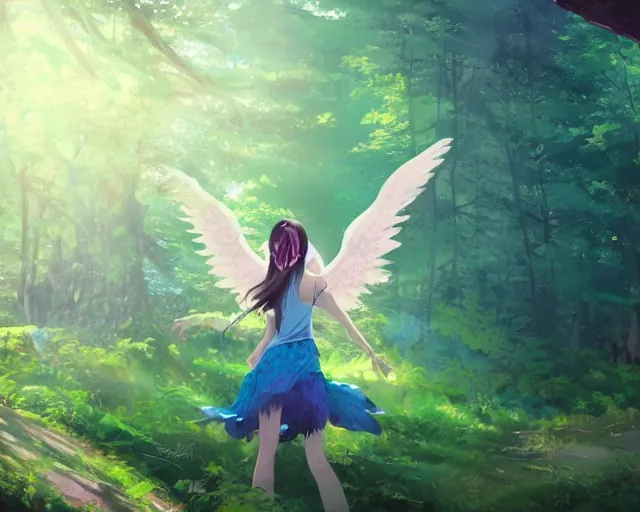 Prompt: a girl that has 2 blue wings on her back hovering in a forest facing the camera, front facing, girl is the focus, angel girl with wings, sunlit, matte painting, digital illustration, very vibrant colors, soft lighting, adventurous, atmospheric lighting, 8K, octane render. By Makoto Shinkai, Stanley Artgerm Lau, WLOP, Rossdraws, James Jean, Andrei Riabovitchev, Marc Simonetti, krenz cushart, Sakimichan, D&D trending on ArtStation, digital art.