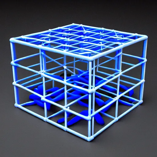 Image similar to cube made out of ( blue marbles ) and ( steel rods ), grid structure, octane render, studio photo