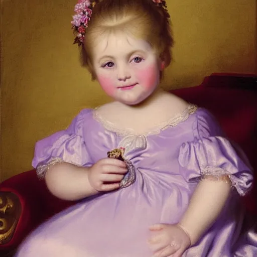 Image similar to portrait of a donald trump as a german toddler princess sitting down in a silk lavender gown, circa 1 8 3 7, by carl joseph begas, highly detailed, beautiful, oil on canvas, 1 8 3 0 s, romanticism