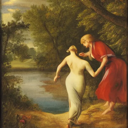 Prompt: a hulder trying to lure a man into a lake,