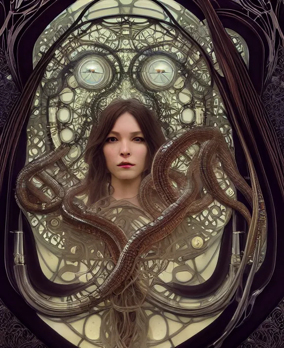 Prompt: intricate orderly opulent transparent clear see - through portrait of a scary beautiful masculine snake, fractal, mechanical, sci - fi environment, ultra realistic, concept art, art nouveau, photorealistic, octane render, 8 k, unreal engine. art by nori inoguchi and sam kaplan and zachary goulko and christopher marley and artgerm and alphonse mucha