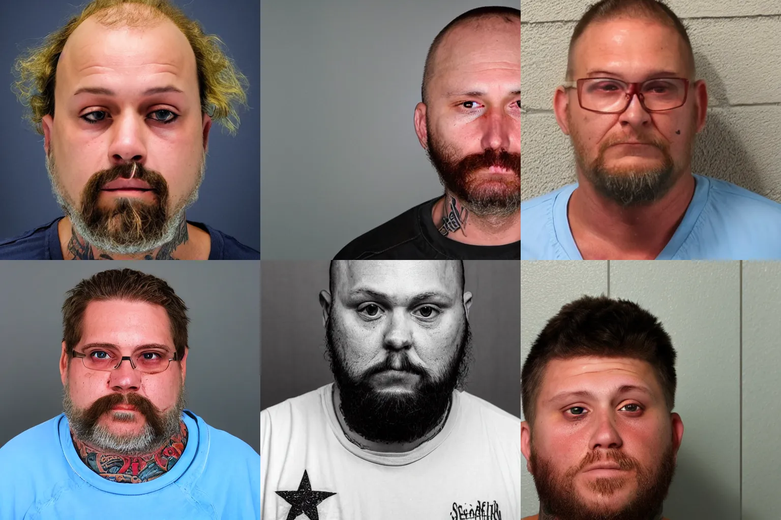 Prompt: headshot mugshot photo of the Florida Man of the Year 2020, cross-eyed, toothless, gang tattoos, unkempt neckbeard, 45 degrees from the side