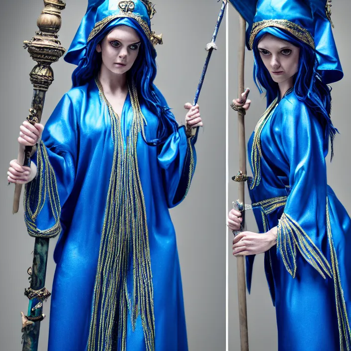 Image similar to photograph of a real-life beautiful elemental water witch with ornate blue robes and staff. Extremely detailed. 8k