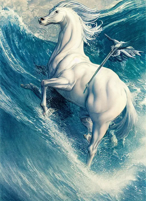 Image similar to pegasus running through ocean wave, exquisite details, denoised, mid view, byi by alan lee, norman rockwell, makoto shinkai, kim jung giu, poster art, game art