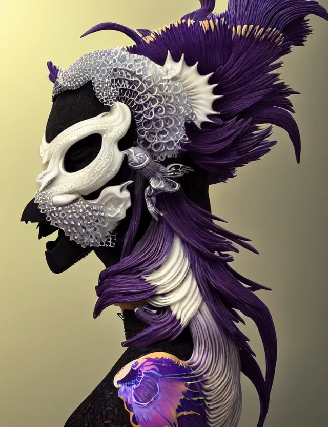 Image similar to 3 d goddess close - up profile simple portrait punk with mohawk with ram skull. beautiful intricately detailed japanese crow kitsune mask and clasical japanese kimono. betta fish, jellyfish phoenix, bio luminescent, plasma, ice, water, wind, creature, artwork by tooth wu and wlop and beeple and greg rutkowski