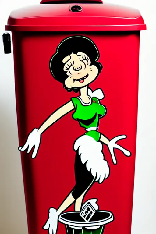 Prompt: full view, from a distance, of anthropomorphic trashcan who is betty boop from 1 9 3 0, full of trash, highly detailed