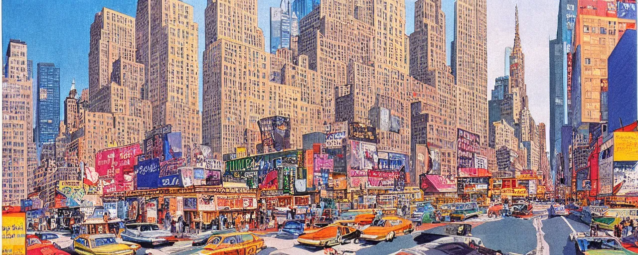 Prompt: a 2D drawing of new York in 1980s, colorful and beautiful by hiroshi yoshida