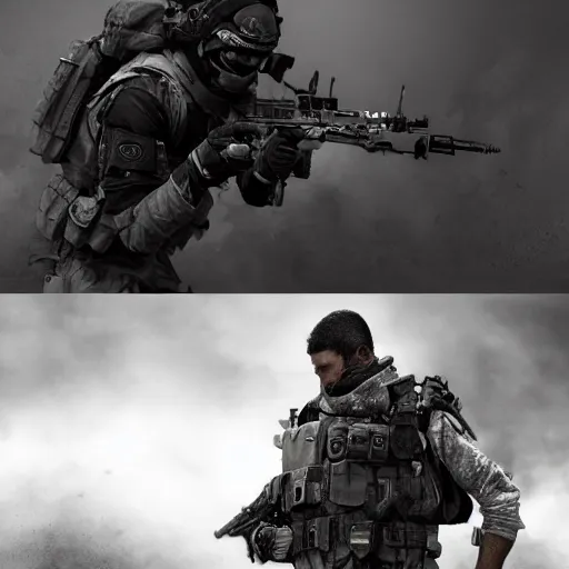 Image similar to Dying Mercenary Special Forces soldier in grey uniform with black armored vest in a battlefield 2020, combat photography by Feng Zhu, highly detailed, excellent composition, cinematic concept art, dramatic lighting, trending on ArtStation