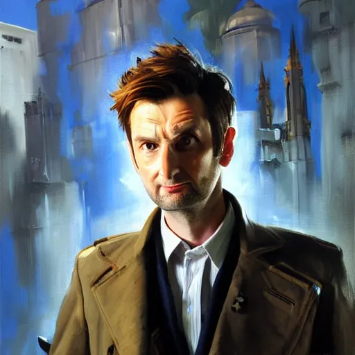 Prompt: greg manchess portrait painting of fully armored david tennant the 1 0 th doctor as overwatch character, medium shot, asymmetrical, profile picture, organic painting, sunny day, matte painting, bold shapes, hard edges, street art, trending on artstation, by huang guangjian and gil elvgren and sachin teng