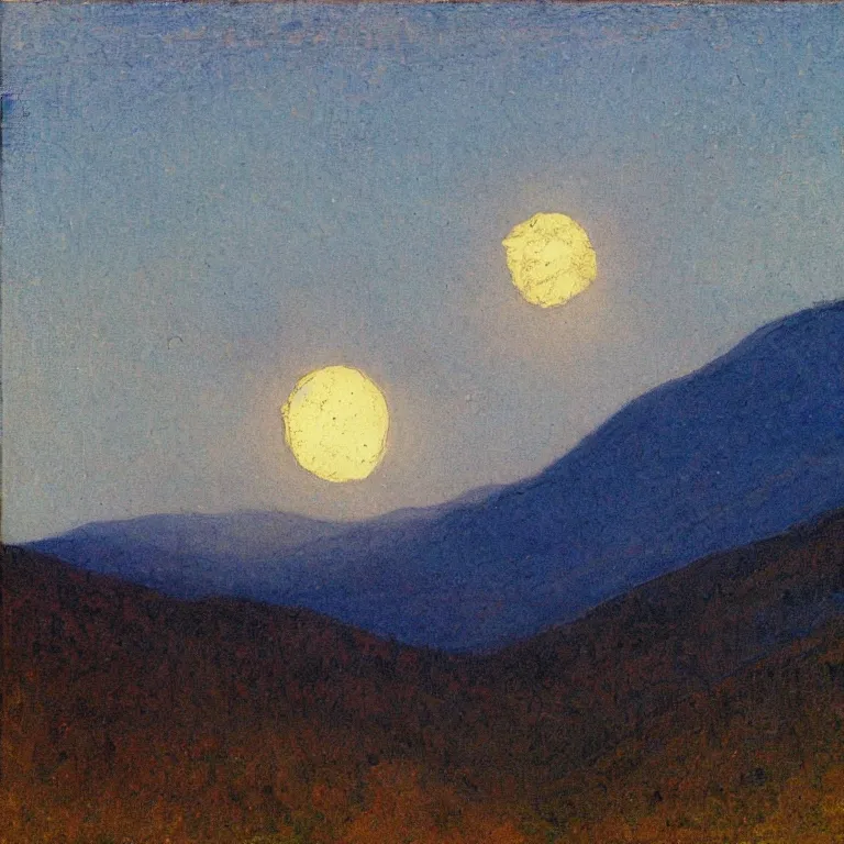 Image similar to vermont mountains, supermoon, abbott handerson thayer painting, blue palette