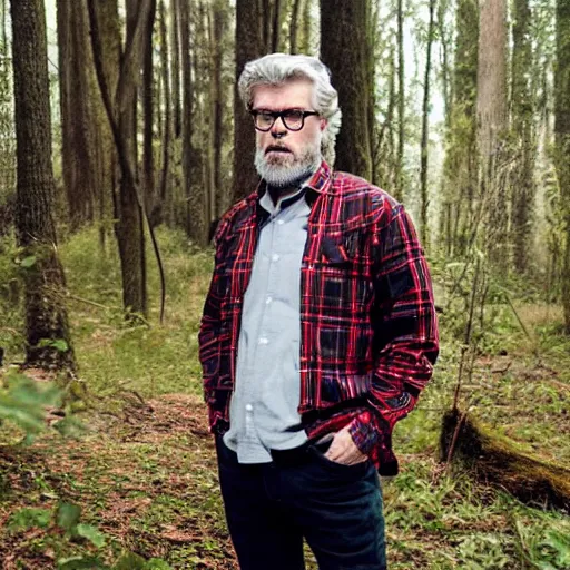 Prompt: cinematic still of 25 year old white man :: glasses : : brown beard : : dressed red plaid shirt : : holding a lightsaber : : forest background : : directed by George Lucas