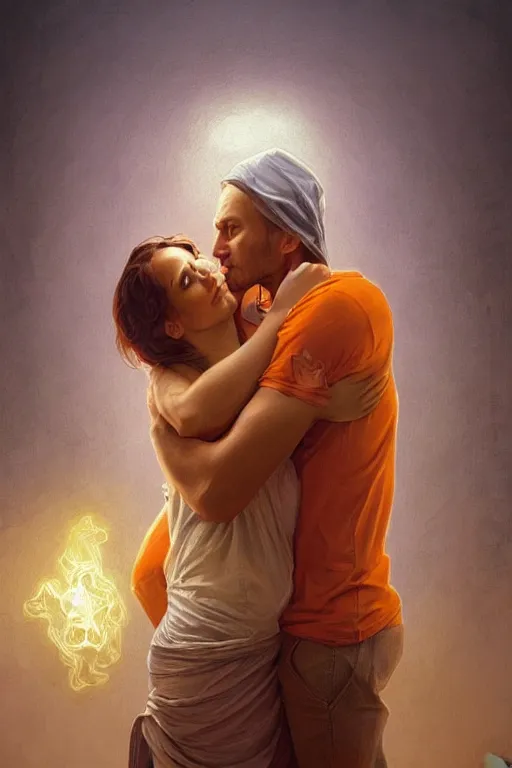 Image similar to portrait of tinfoil hat man in orange t - shirt hugging from behind his wife in a bed, feelings, romantic, fantasy, intricate, elegant, highly detailed, digital painting, artstation, concept art, smooth, sharp focus, illustration, art by artgerm and greg rutkowski and alphonse mucha