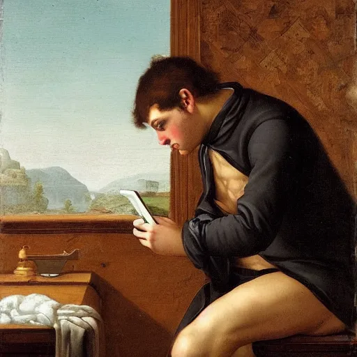 Prompt: a thoughtful wealthy young man sitting on a toilet attentively staring and scrolling on his smartphone, distant thoughtful look, bathrom renaissance scene