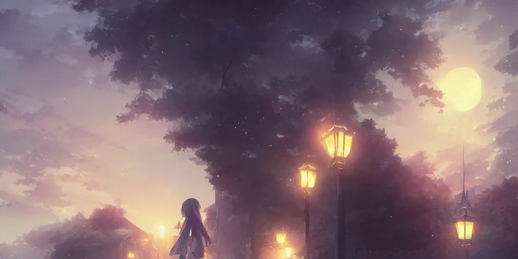 Image similar to anime kyoto animation key by greg rutkowski night