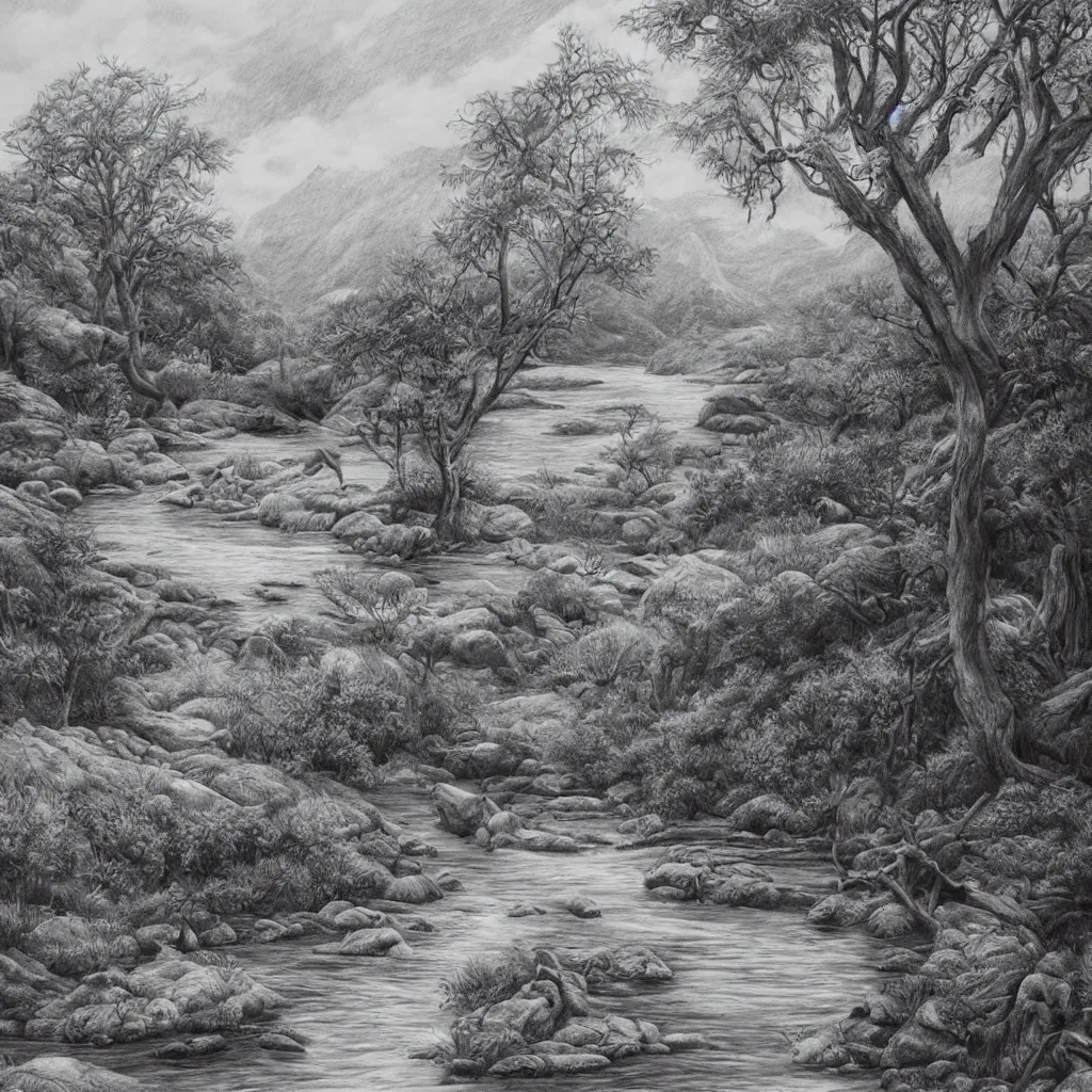 Image similar to realistic drawing of beautiful landscape, hyperdetailed, animals, trees, river