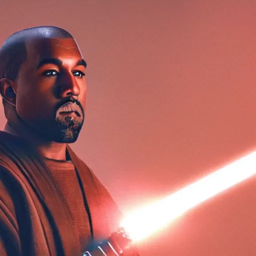 Image similar to Portrait of Kanye West as a jedi in Star Wars, holding lightsabre. splash art, cinematic lighting, dramatic, octane render, long lens, shallow depth of field, bokeh, anamorphic lens flare, 8k, hyper detailed, 35mm film grain