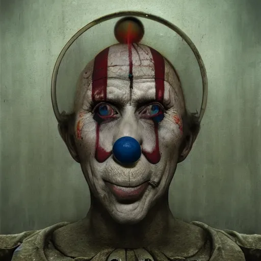 Image similar to a clown holding a baby inside an abandoned hospital, beksinski, dariusz zawadzki, symmetrical, surreal, magic surrealism, very coherent symmetrical artwork, cinematic, hyper realism, high detail, octane render, 8 k